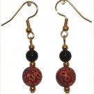 Patterned Red Glass with Multi-colored (Wt, Or, Bl, Bk) with Black Top Bead Gold Earrings