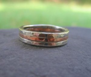 Triad Hammered Band . Sterling Silver and Copper . Man's Wedding or Everyday Band . made to order