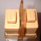 Vintage Carvalite Celluloid Push Button Salt Pepper Set w Holder 7085