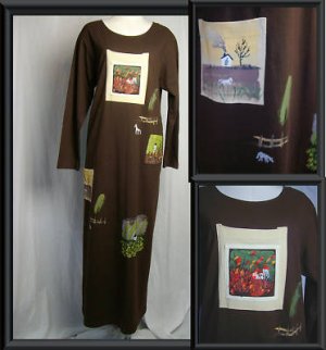 Sz M L COVER CHARGE Hand Painted MAXI Dress FALL SCENES