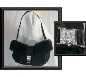 BATH AND BODY WORKS SMALL PURSE  BLACK FAUX FUR & SATIN
