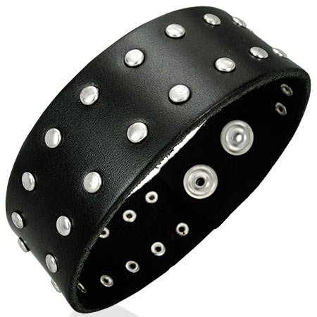 Genuine Black Leather Round Stud Snap Wristband Bracelet