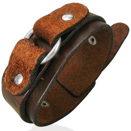 Genuine Steel Ring Brown Cuff Leather Bracelet