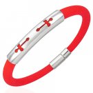 Red Rubber Bracelet w/ Steel Crosses Design Red Rubber Bracelet w/ Steel Crosses Design