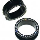 Pair 1 inch  25mm Acrylic Black Screw On Flesh Ear Tunnels Plugs W Clear CZ