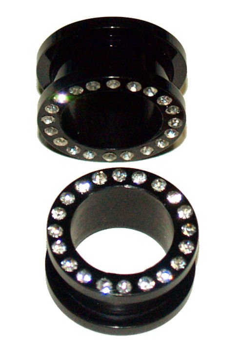 Pair 5/8  16mm Acrylic Black  Flesh Ear Tunnels Ear Plugs with Clear CZ