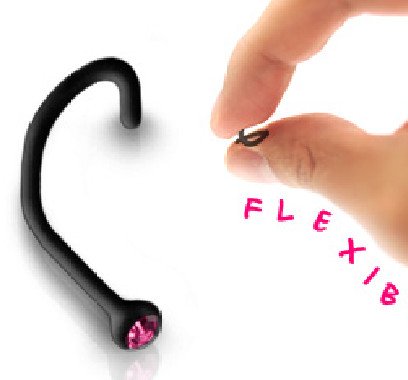 Acrylic Black Bio-Flex Cork 18G Nose Screw Ring Stud Piercing Jewelry Red CZ