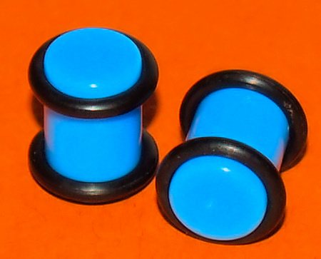 Pair 0G Blue Turquoise Acrylic Saddle Ear Plugs 8mm Gauge W Grooved O-Rings