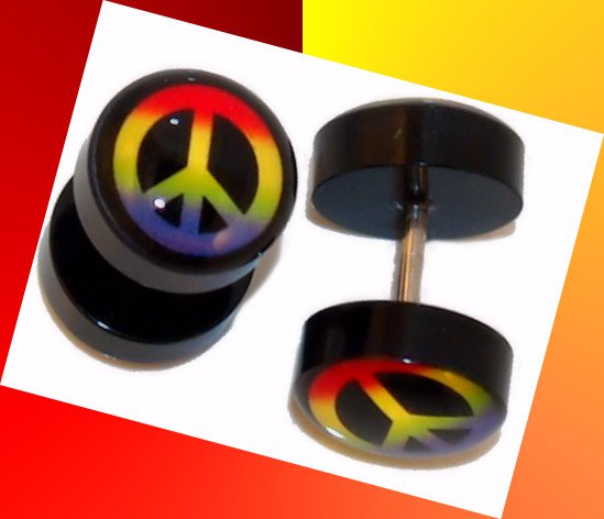 Pair Acrylic Rainbow Gay Pride Peace Ear Cheater Fake Plugs 16 Gauge, 10mm Ends