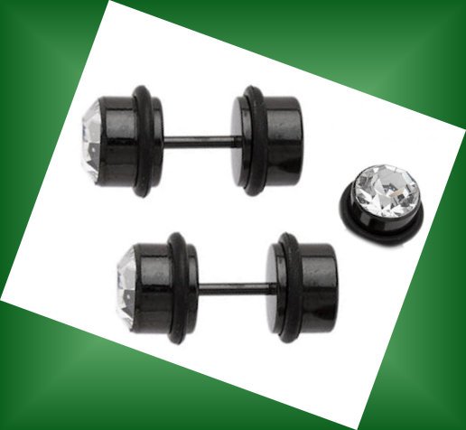 Pair Steel Black Ear Cheater With Clear CZ Illusion Plugs 16 Gauge