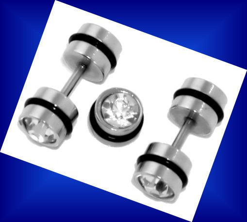 Pair Steel Ear Cheater With Double Clear CZ Fake Plugs Look like 2G 16G