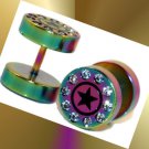Pair Steel CZ Rainbow Ear Cheater With Black Star Fake Plugs 16 Gauge Pair Steel CZ Rainbow Ear Cheater With Black Star Fake Plugs 16 Gauge
