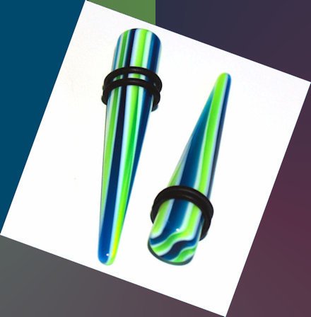 Pair 00G 10mm Blue & Green Striped Ear Taper Expander Stretcher Ear Gauges Plugs