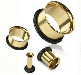 Pair Steel Golden Single Flared Flesh Tunnel Ear Plugs 6G 4mm