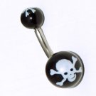 Acrylic Black Belly Navel Button Jewelry Ring w White Skull