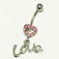 Love CZ Dangle Belly Button Navel Ring Pink CZ Gems
