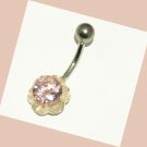 Steel Rose Belly Button Navel Ring With Pink Stone 14G