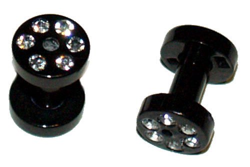 Pair 8G Black Acrylic Saddle Ear Plugs 3.2mm w Paved Rimm Clear CZ