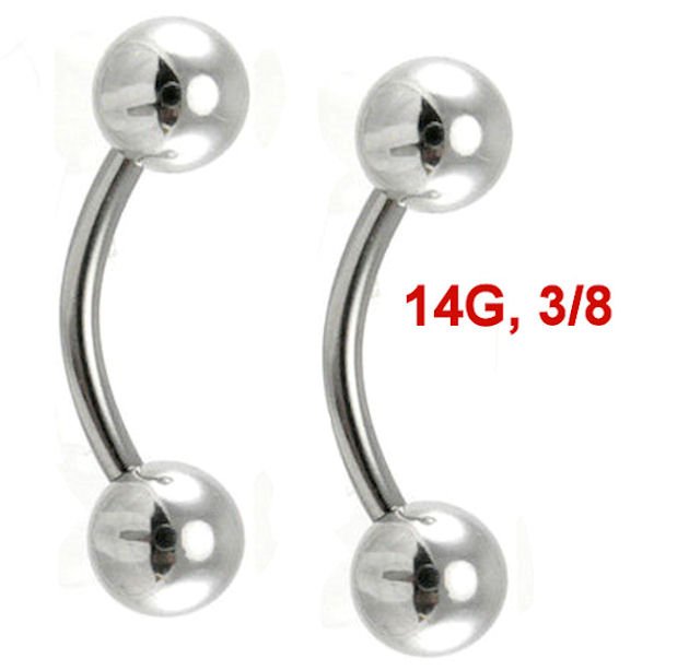 Pair Steel 14G 3/8 Length Ball Eyebrow Rings / Tragus/Curved Barbell Stud Jewelry Piercing  Gauge,