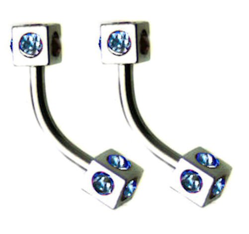 Pair Steel Light Blue CZ Dice 16G 5/16 Eyebrow Rings Curved Barbell Stud Piercing