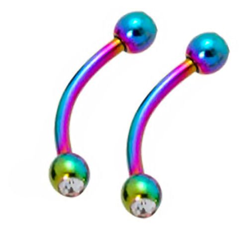 Pair Rainbow 16G 5/16 Eyebrow Rings / Curved Barbell Stud With Double Clear CZ