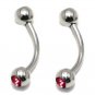 Pair Steel Ball Eyebrow Rings Double Pink CZ/ Curved Barbell Stud Jewelry 16 Gauge