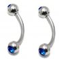 Pair Steel Ball 16G 3/8 Eyebrow Rings Double Blue CZ / Curved Barbell Stud