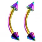 Pair Rainbow Spike 16G 3/8 Eyebrow Rings / Curved Barbell Stud Gauges