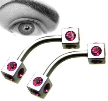 Pair Steel Red Cz Dice 16G 5/16 Eyebrow Curved Barbell Rings Stud Piercing
