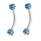 Pair Blue Stripe Ball 16G 5/16 Eyebrow Rings / Tragus/Ear Barbell Stud Jewelry Piercing Gauge