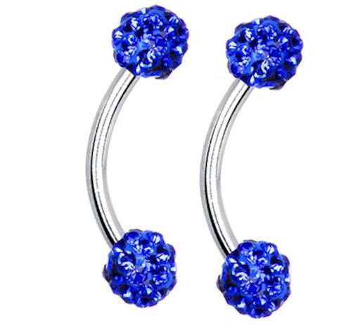 Pair Blue Crystal Ferido Eyebrow Rings / Curved Barbell Stud Piercing 16 Gauges 5/16 Length