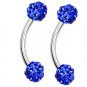 Pair Blue Crystal Ferido Eyebrow Rings / Curved Barbell Stud Piercing 16 Gauges 5/16 Length