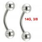 Pair Steel 14G 3/8 Eyebrow Rings / Tragus/Curved Barbell Stud Jewelry Piercing