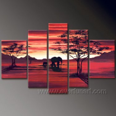Summer African Scenery And Elephant_Canvas Oil Painting Framed African Art (+ Frame) AR-037
