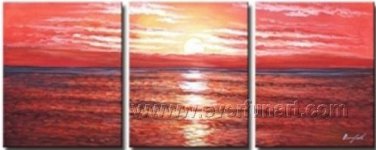 Red Sun Rise From Horizon_Framed Oil on Canvas Seascape Painting SE-024