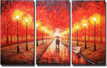 Walking At The Rainy Street Landscape Oil Painting On Canvas Wall Art Fremed LA3-134