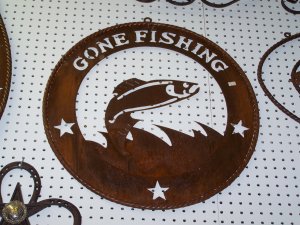 Gone Fishing Trout Scene Rustic Sign Lodge Cabin Outdoors Fish Lake Star
