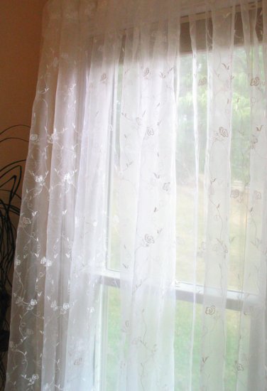 Scroll Embroidered Window Sheer Panels White 1026