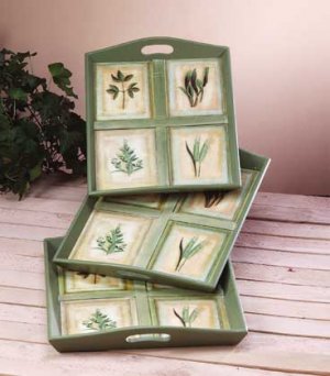 31582 Green Leaf Motif 3 Pc Tray Set