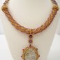 Gold and cherry seed bead, fossil coral, fresh water pearl and ruby Necklace