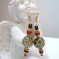 Carved jade, coral, onyx and vermeil earrings
