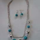 Turquoise Bead and Silvertone Disco Bead Necklace and Matching Earring Set