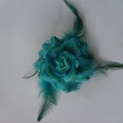 Flower Corsage Pin Clip Ponytail Holder in Peacock color with Feather Embellishm