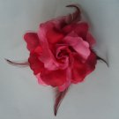 Flower Corsage Pin Clip Ponytail Holder in Pink and Pomegranate with feathers