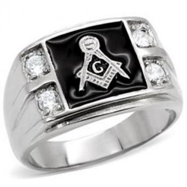 Silver Stainless Steel Masonic Ring Set with 4 CZ Stones