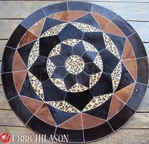 624 COWHIDE HAIR-ON LEATHER PATCHWORK RUG 48IN DIA