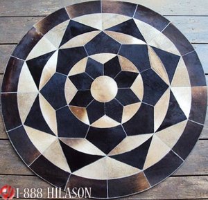 627 COWHIDE HAIR-ON LEATHER PATCHWORK RUG 48IN DIA