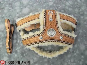DH123 Tan Leather Dog Padded Harness With Leash - LRG