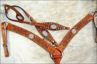 WESTERN LEATHER BLING RHINESTONE INLAY ONE EAR HORSE HEADSTALL BREAST COLLAR - S