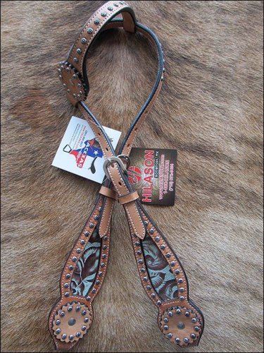 WESTERN EAGLE FLORAL EMBOSSED LEATHER INLAY ONE EAR HORSE BRIDLE HEADSTALL